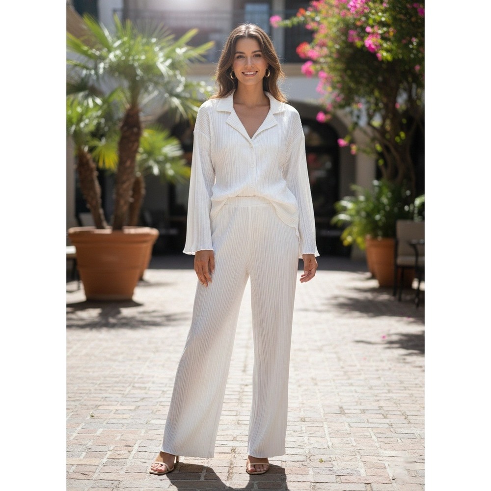 Womens Lounge Set White Ribbed Knit Button Top Wide Leg Pants Cozy Chic Size L